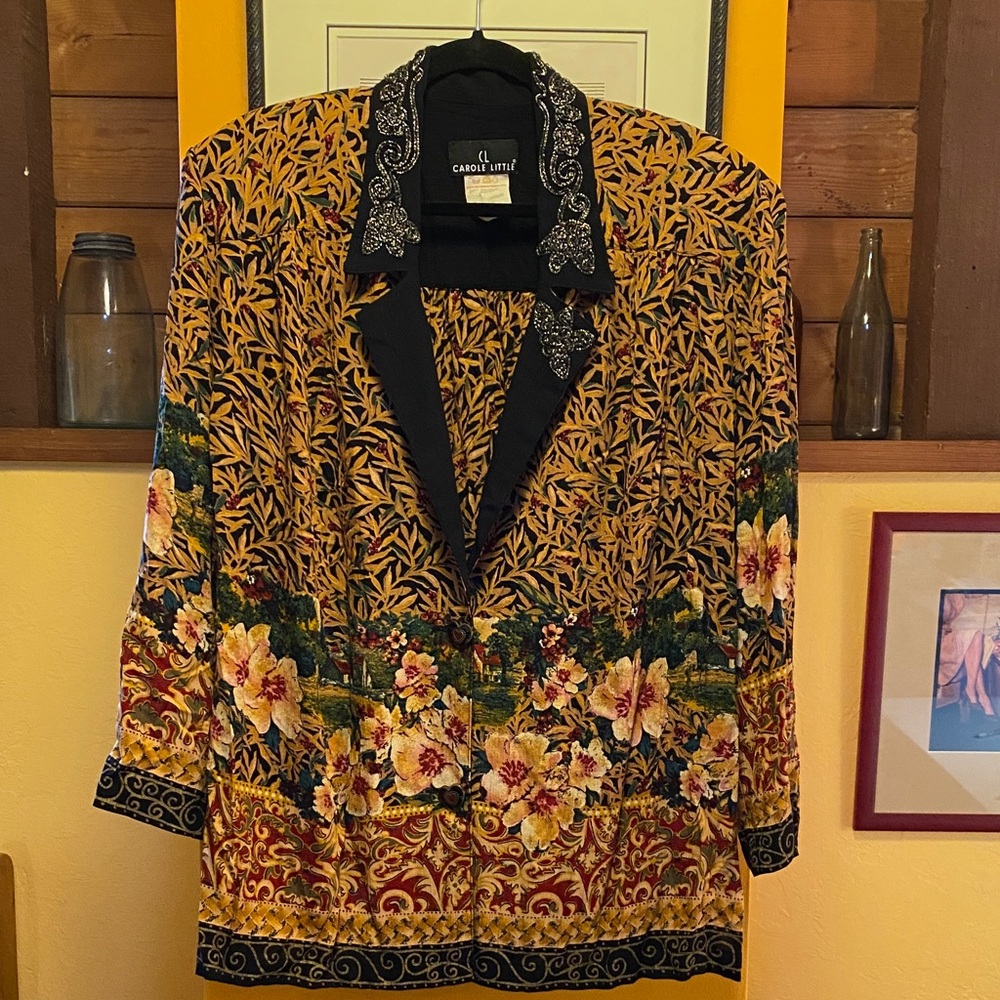 Vintage Carole Little Art-To-Wear Storybook Floral Cottage Scene Jacket